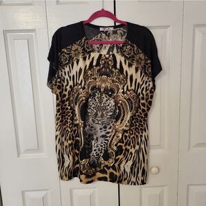 Blossom by P. Black/tan leopard rhinestone print blouse